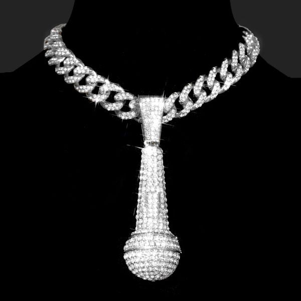 Iced Out Microphone Shape Pendent Necklace With Rhinestone 13mm Miami Cuban Link Chain Creative Jewelry For Men and Women Gift