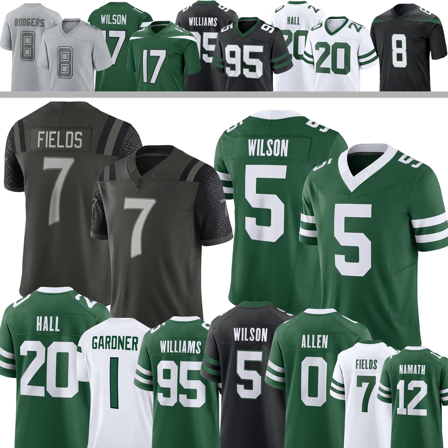 Custom Football Jersey Justin Fields Garrett Wilson Breece Hall Sauce Gardner Quinnen Williams Braelon Allen Joe Namath Williams Carter II Johnson I