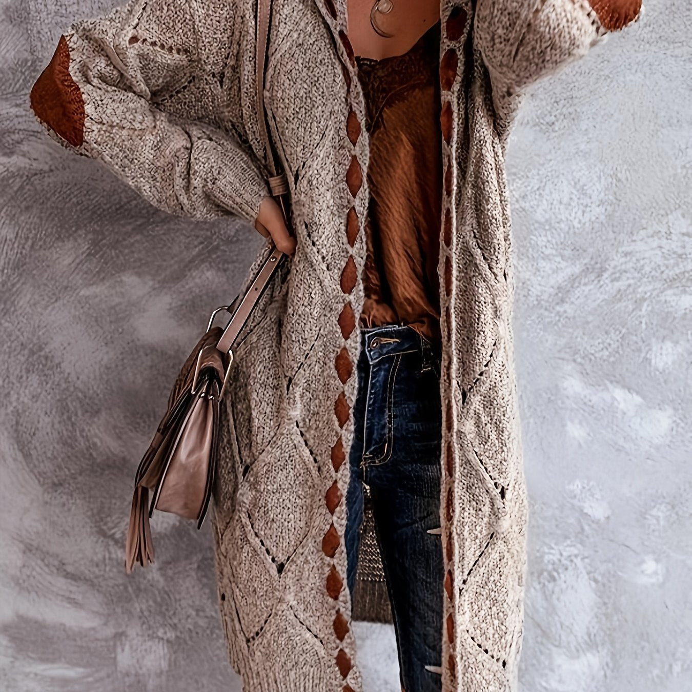 TEMU Rachel Women's Elegant Grid-pattern Hooded Cardigan With Detail - High Open Front Sweater For Fall-winter, Grey &, Cute Sweater