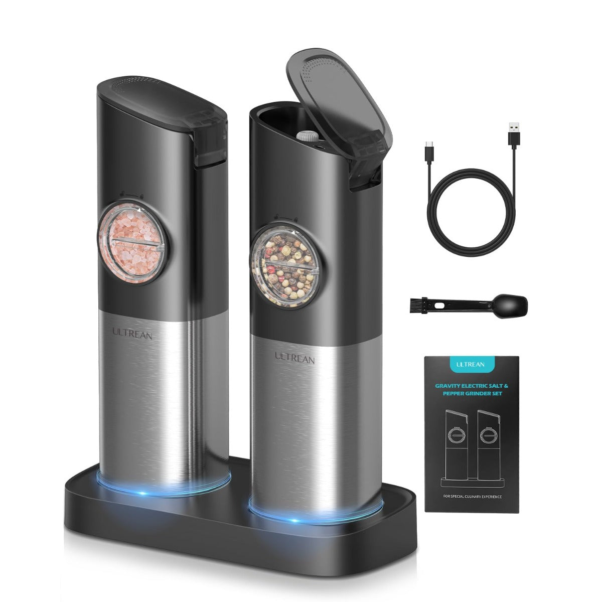 TEMU Ultrean Gravity Electric Salt And Pepper Grinder Set - Usb Rechargeable With Dual Charging Base - Adjustable Fineness - 1 Handed , Stainless