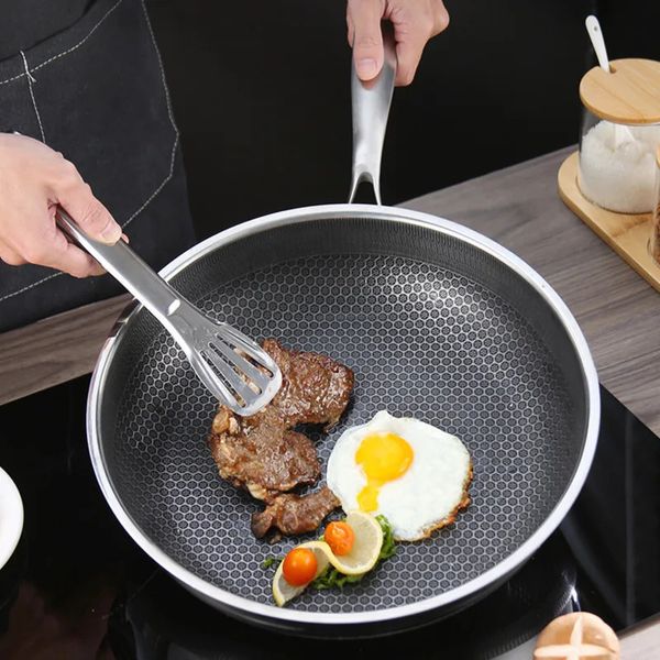 Frying Pan 316 Stainless Steel Honeycomb Cooking Nonstick Noncoated Full Screen Omelet Steak Pancake Cookware Skillet Kitchen 240415