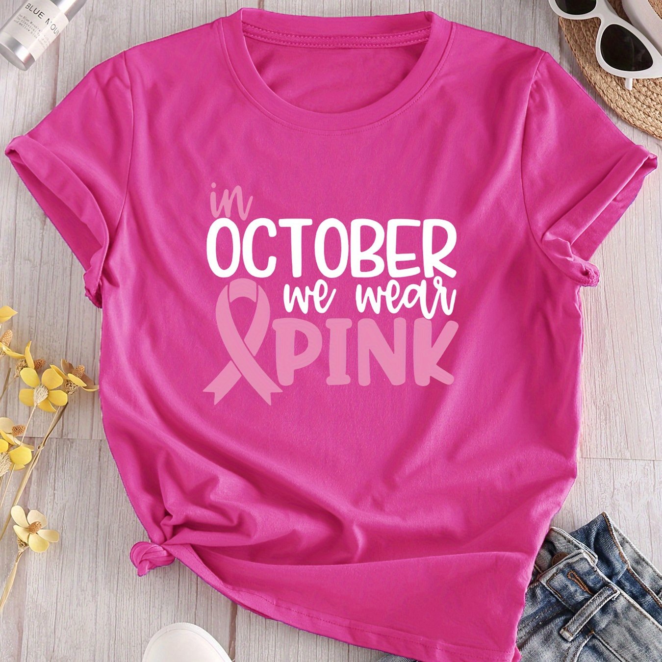 TEMU Women's Breast Awareness T-shirt - "in October " Graphic Tee For Breast Awareness Month, Casual Round Neck Top For & Casual Attire, For Support,