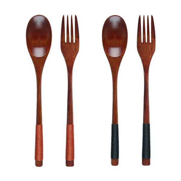 2Pcs Wooden Spoon Fork Set Portable Cutlery Set Wood Spoon Salad Fork Japanese Style Dinnerware Set Wooden Utensils Tableware