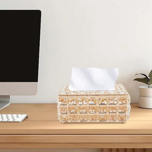 Tabletop Crystal Tissue Box 20.5*12*9.5cm Paper Box Gold Crystal Napkin Holder for Bathroom Restaurant Dining Room Bedroom 250114