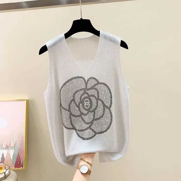 Women&#039;s Tanks Camis Minimalist Commute Summer New Womens V-neck Printed Diamond Loose Silk Knitted Sweater Tank Top T-shirt Y241220CX9Z