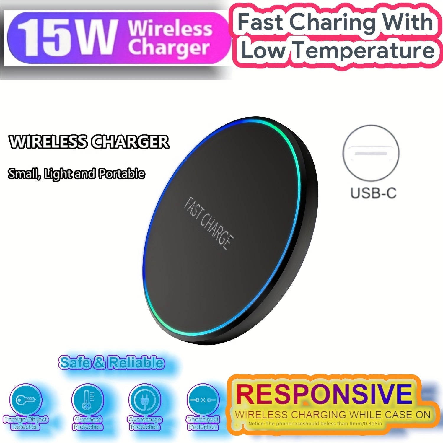 TEMU Ultra-thin 15w Fast Wireless Charging Pad With Led Light - Ultra-lightweight Round Desktop Travel Charging Station For , Portable Phone Charger