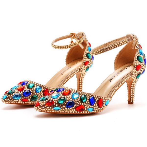 Sandals Women Fashion Sandalias Rhie PU 7CM Thin Heels Buckle Strap Bride Wedding Banquet Women&#039;s Shoes Casual Gold 6b45 &#039;s