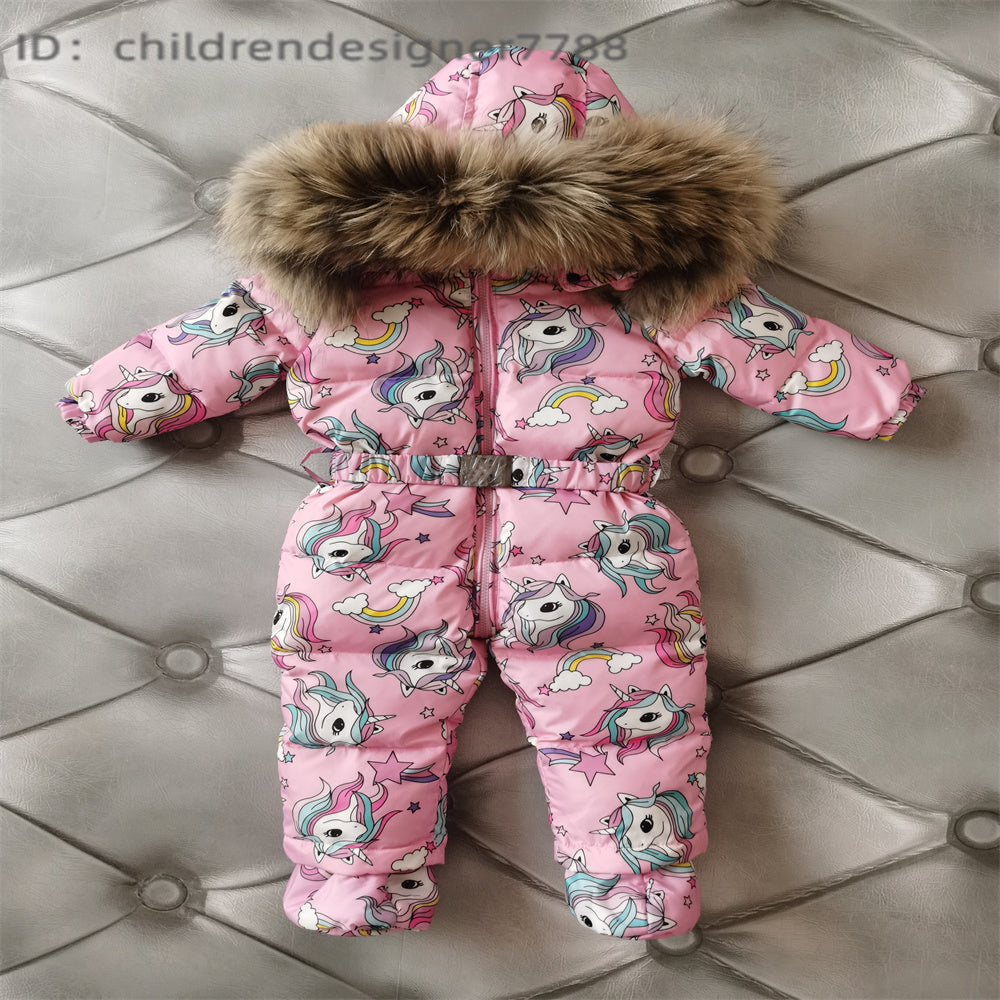 Baby jumpsuit down jacket for boys and girls, newborn warm jacket, natural fur collar, white duck down filling, children&#039;s Christmas gift, outd