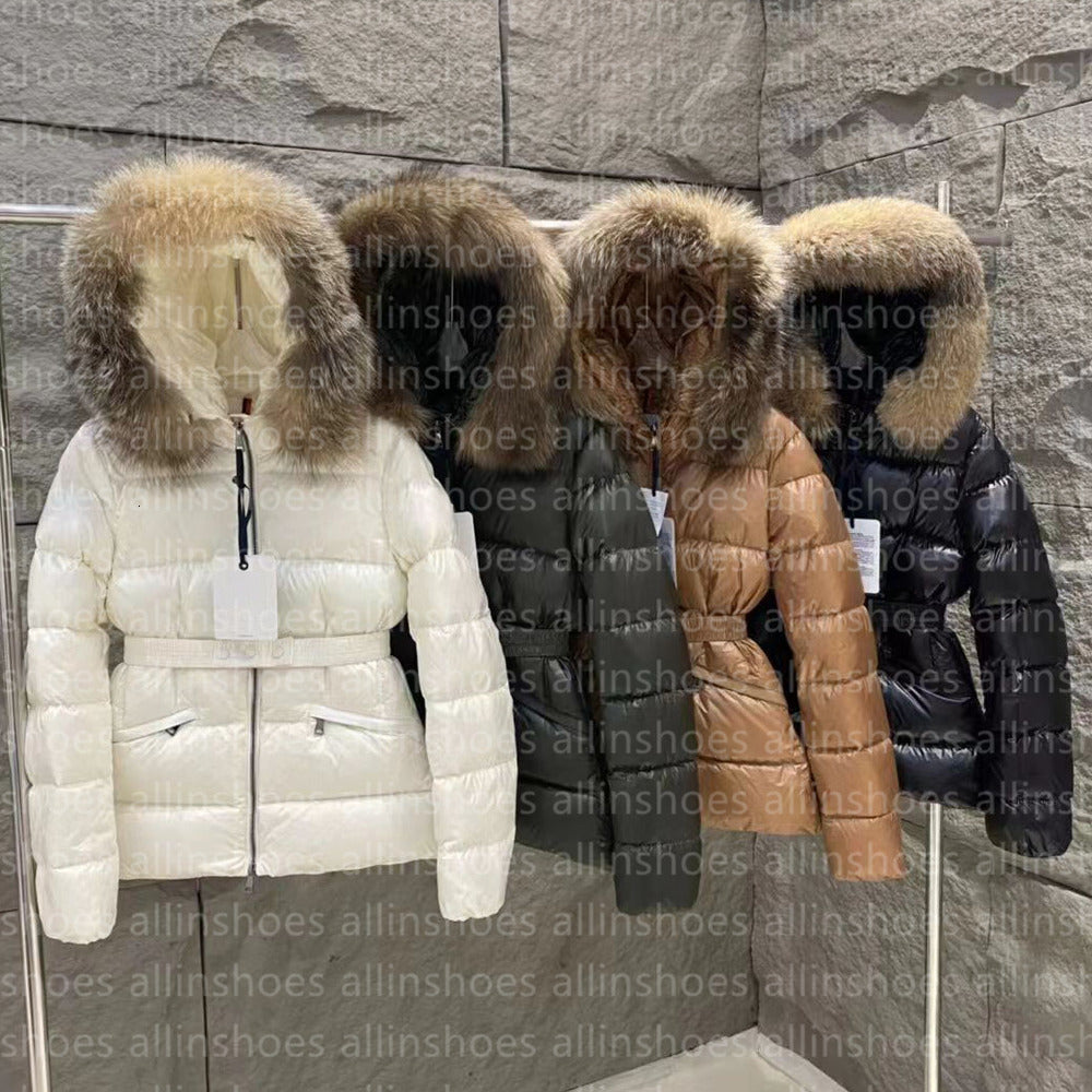 designer womens puffer jacket down jackets with genuine fur collar embroidered badge hooded coat warm winter jacket with belt womens coat size s-xl