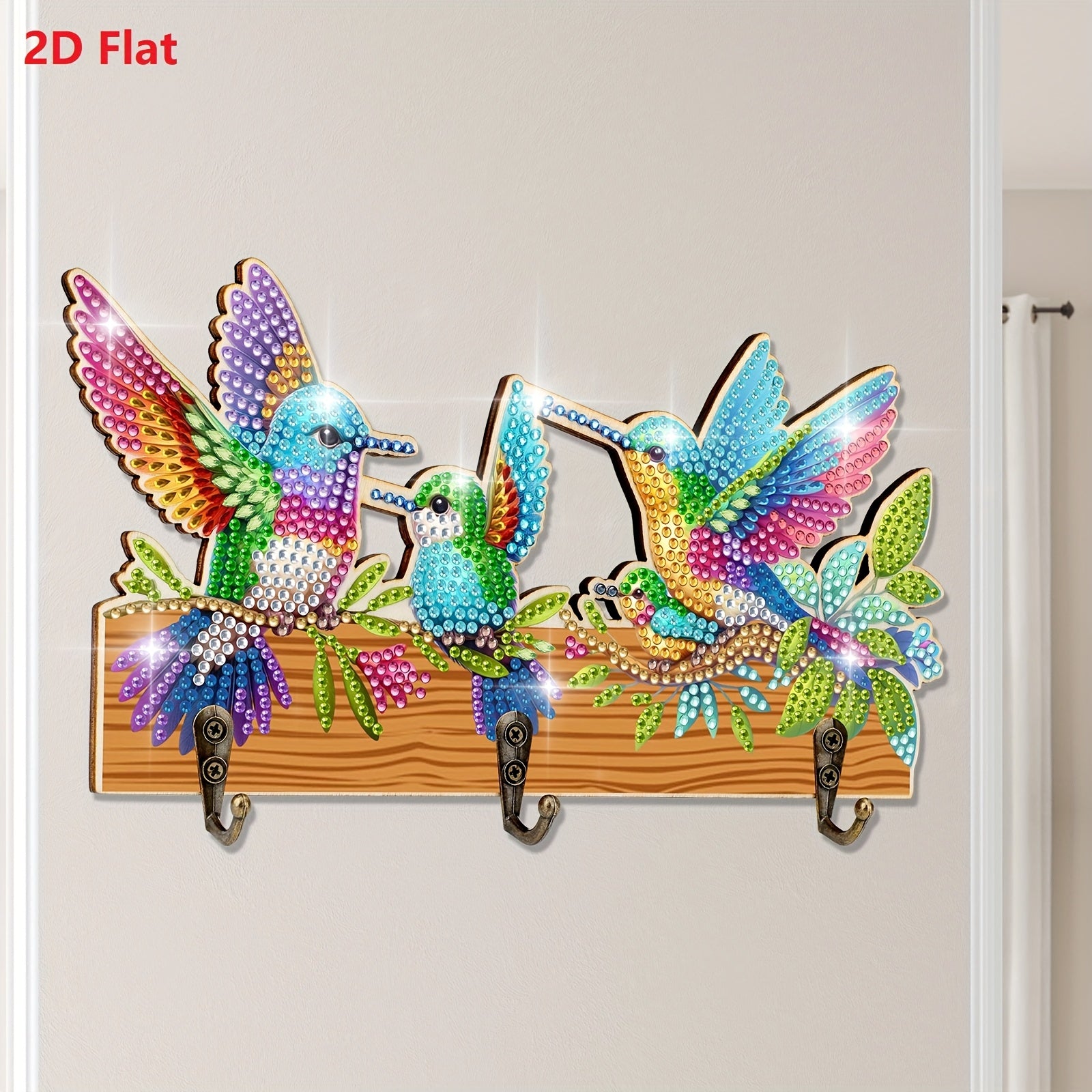 TEMU 2d Flat Diamond Painting Kits With 3 Hooks, Diy Hooks, To Drill Holes, Hummingbird Design For Home Wall Decor, Key Clothes Bag Hooks, Christmas