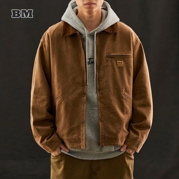 Japanese Vintage Jacket MenS Clothing Harajuku Casual Coat Streetwear Brown Lapel Cargo Jackets Spring Korean Fashion Tops 240701
