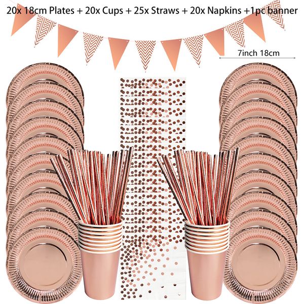 Disposable Dinnerware Rose Gold Disposable Tableware Party Table Decoration Paper Cups Plates Straws Wedding Birthday Party Tableware Suppli