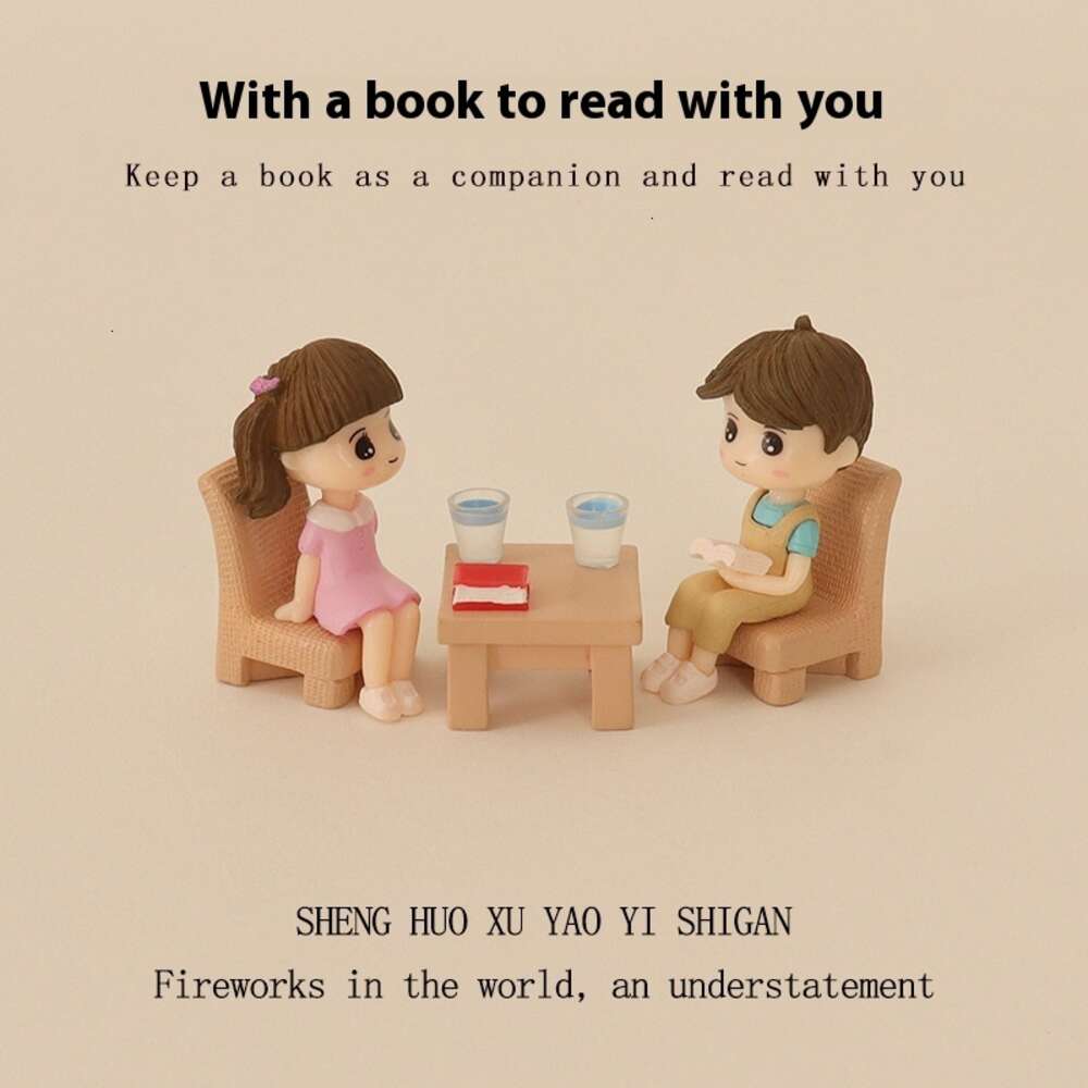 Mini water cup tables chairs, cute boys and girls reading, micro landscape scenes, baby house accessories, home decoration, desktop ornaments