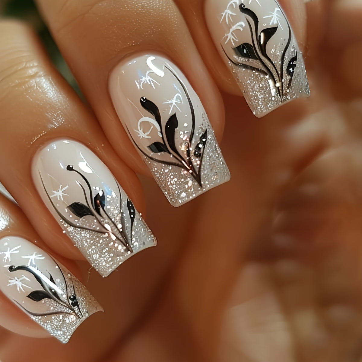 TEMU 24pcs Medium Square Nail Nude Irregular Line Sparkling Glossy Full Coverage Press-on Nails Suitable For Women' Party Nail Decoration