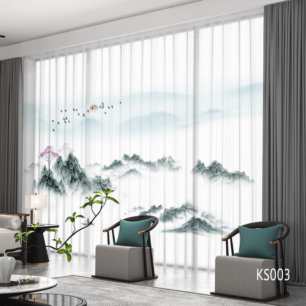 YL-36673 Modern New Chinese Style Ink Painting Landscape Living Room Study High-end Bedroom Famous Hotel Curtain Zen Gauze Curtain