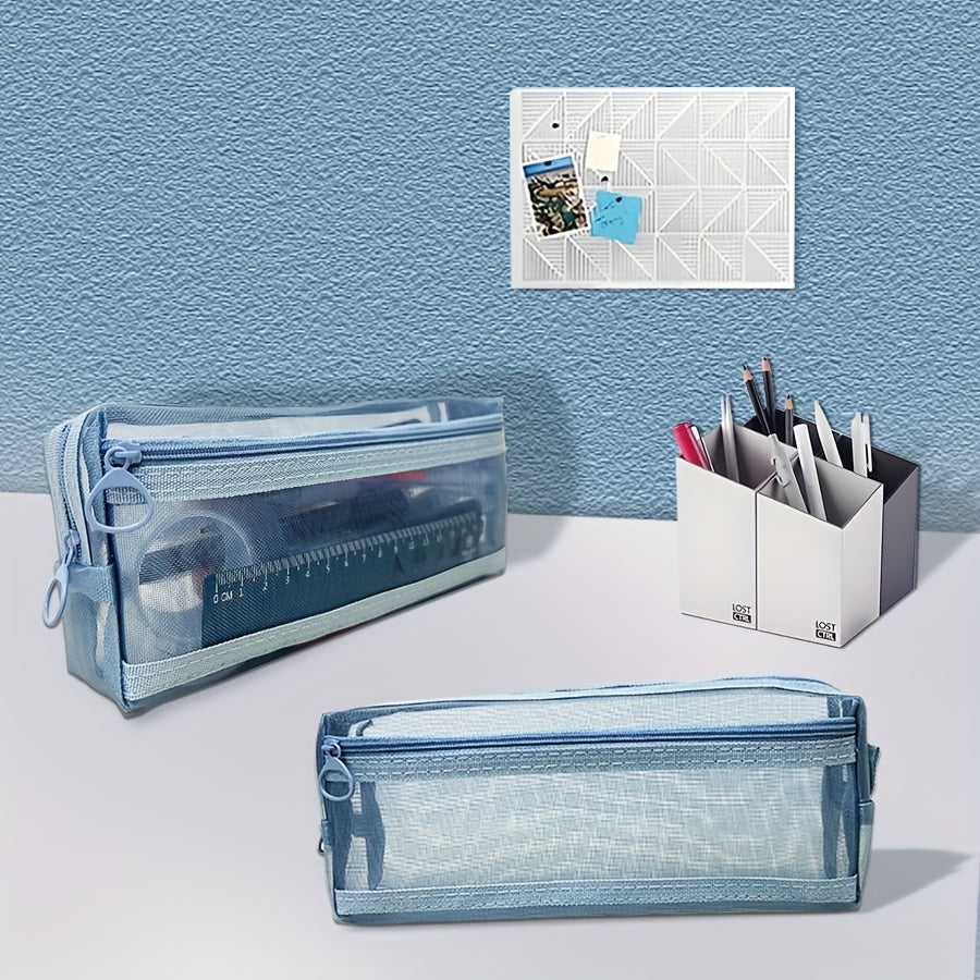 TEMU Large-capacity Mesh Pencil Case - A Durable Storage Organizer With Double Zippers, Markers, Pens, Office Supplies And Travel Cosmetics. An As A