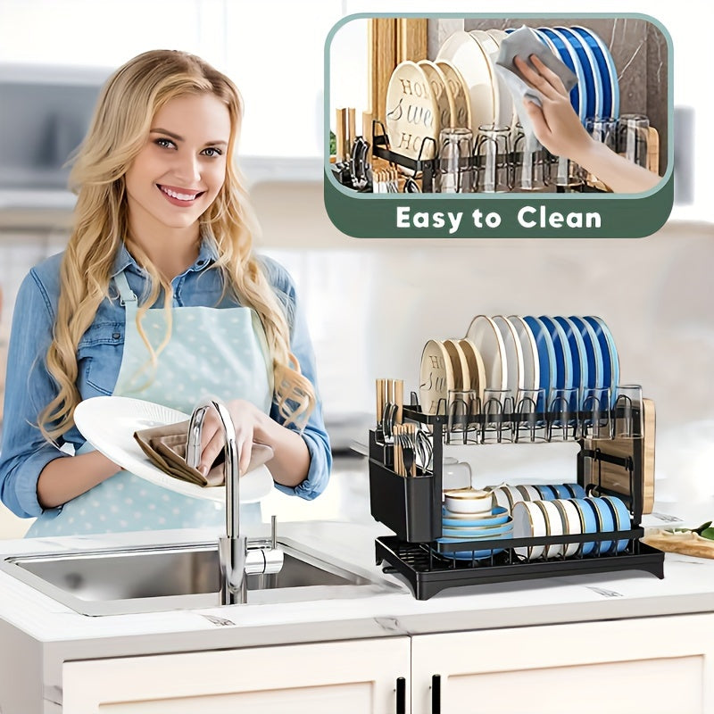 TEMU 2-tier Stainless Steel Dish Rack With & Utensil Holder - Space-saving, Rustproof Kitchen Organizer For Dishes And Cutlery