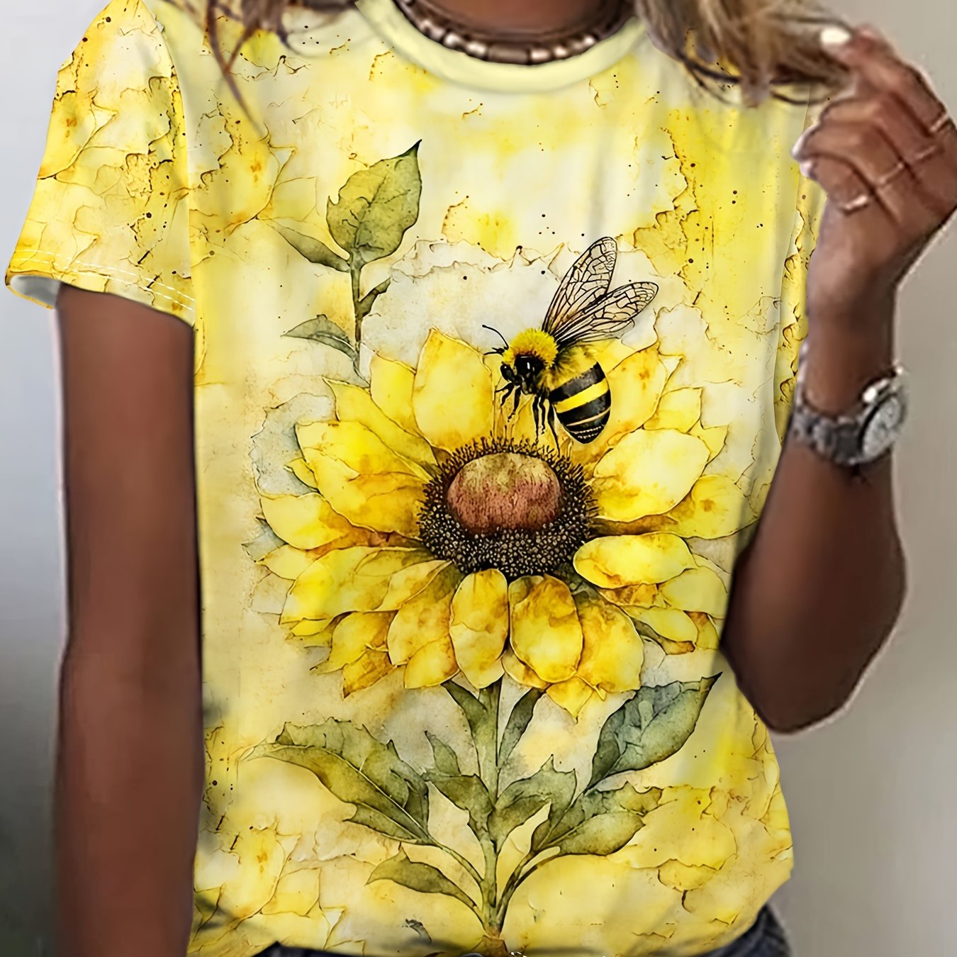 TEMU Women's Casual Short Sleeve Crew Neck T-shirt - Vibrant Sunflower & , Breathable Summer Top, Machine Washable Regular Fit Tee For , Cute Shirts