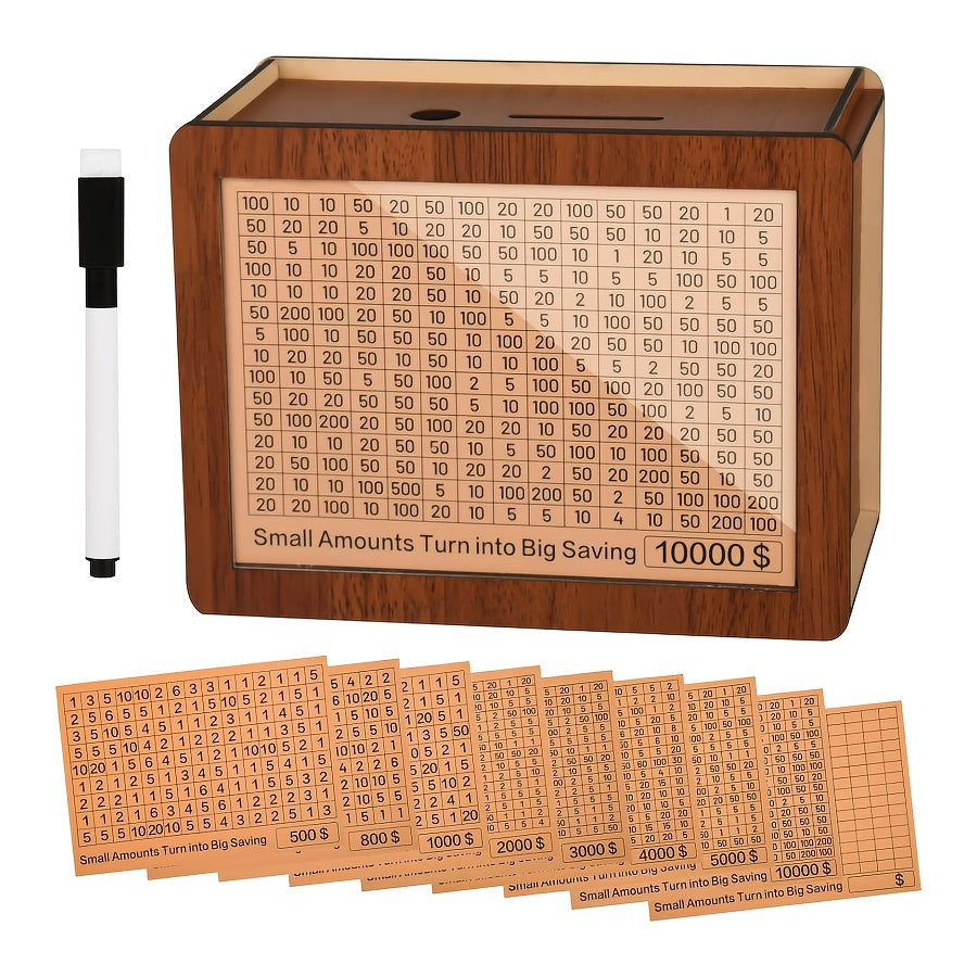 TEMU 2025 New Year Wooden 10, 000 Dollars Money Saving Challenge Box With 8pcs Reusable Sticker Labels – Adult Penny Bank 14+ – Cash And Coin Storage