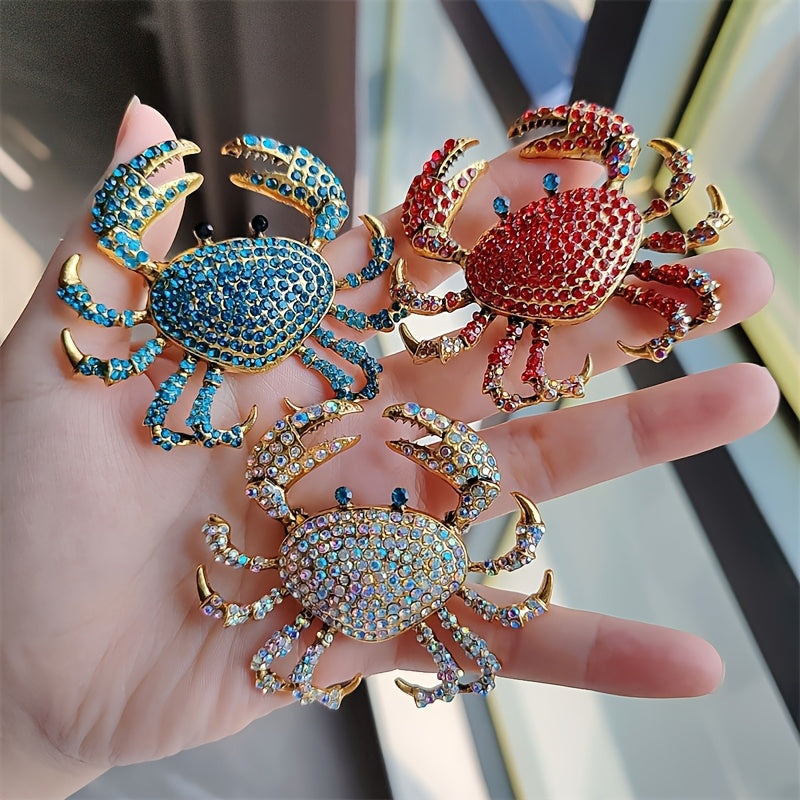 TEMU 3pcs Sparkling Crab Brooch Set - Turquoise-red-golden -encrusted Pin Collars, Pins For Women’s Jackets, Dresses, Parties & Casual Attire - Retro