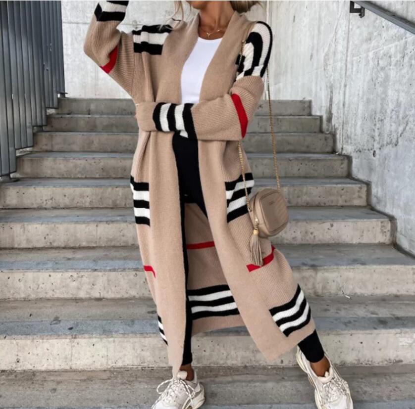 Women&#039;s Sweaters 2022 Autumn Winter Fashion Knitted Cardigan Women Elegant Striped Patchwork Loose Long Outerwear Casual Long Sleeve Sweater Co