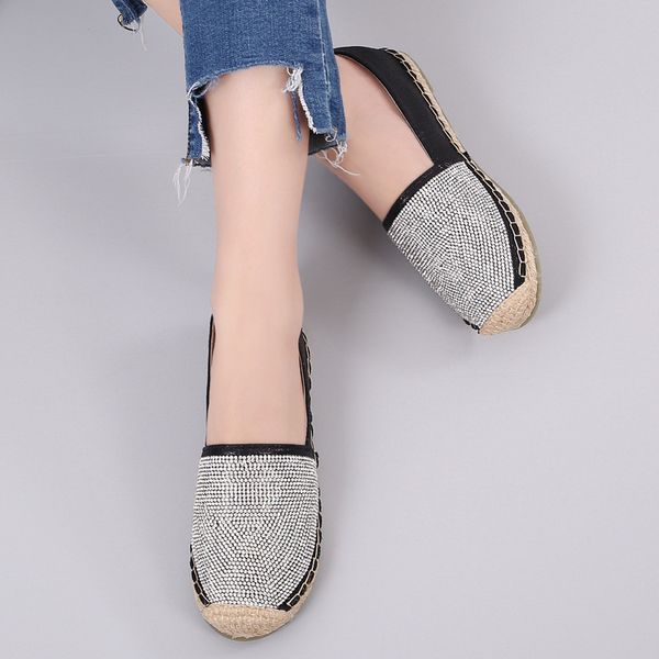 Crystal round toe flat fisherman shoes knitting bottom sequins leisure single shoes 2019 glitter gold-silver flats espadrilles
