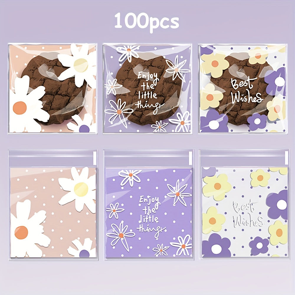TEMU 100-pack Self-adhesive Plastic Treat Bags With Floral Patterns For Party Favors, Thanksgiving, New Year, , Graduation - Biscotti, Candy, Small