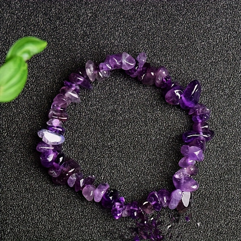 TEMU 1pc Natural Amethyst Crystal Bead Bracelet For Women - Adjustable Solid Bohemian Jewelry With 5-8mm Polished Beads, Vibrant Purple Casual Attire