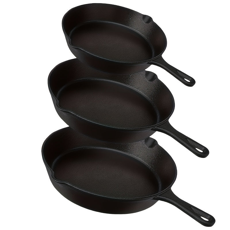 TEMU Cast Iron Set Of 3 - 6 Inch, 8 Inch & 10 Inch Pre- Frying Pans, Nonstick Cookware With Pour Spouts, Oven Safe For Kitchen & Camping
