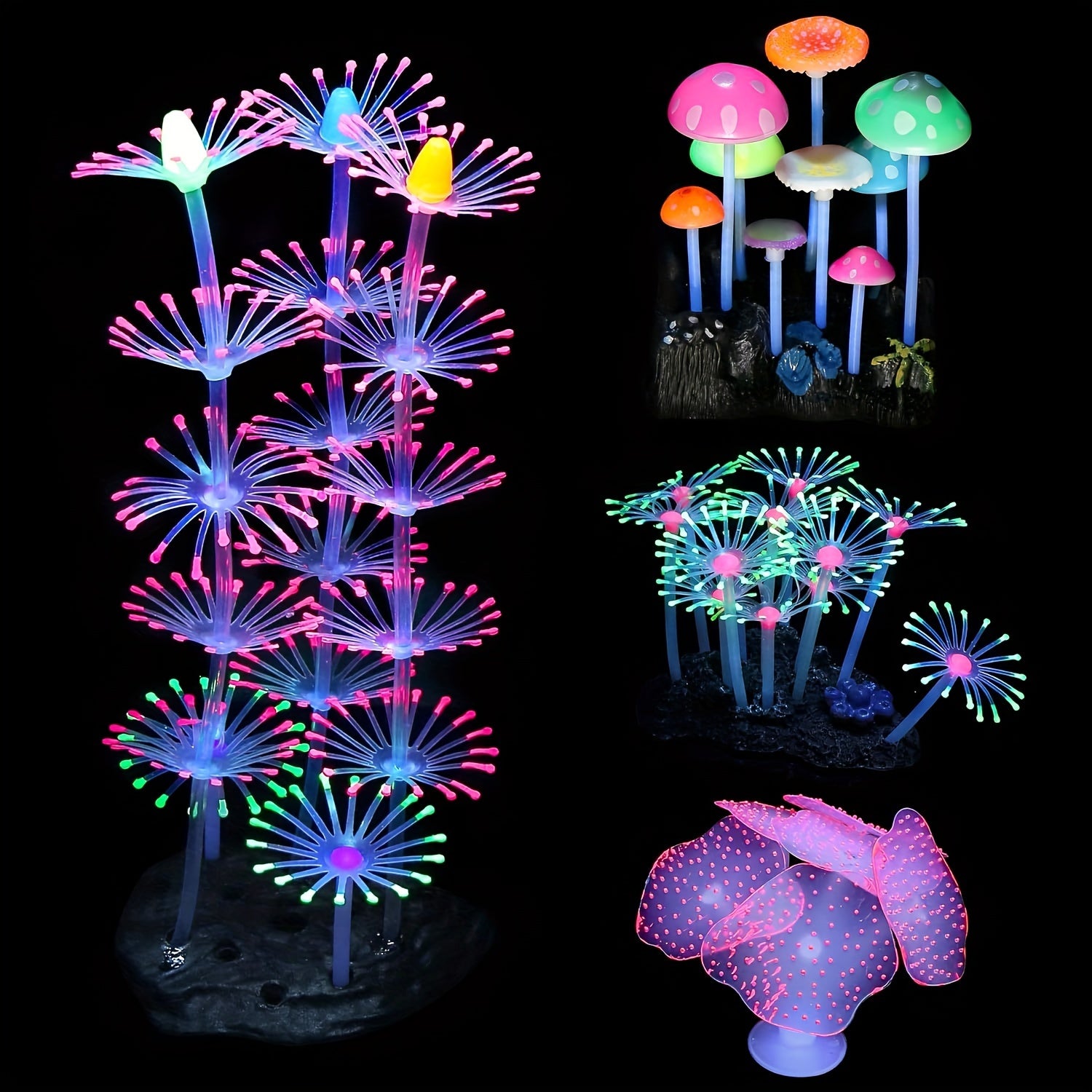 TEMU 4pcs Coral Plant Set, Fluorescent Aquarium Decorations With Glowing Mushroom And Flowers – Simulated Luminous Plants For Fish Tank Ornaments &