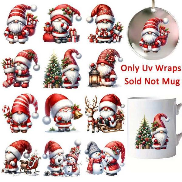 12pcs Christmas Winter Santa Claus Gnome UV DTF Cup Wrap Transfer Sticker Glass Coffee Mugs Decoration Xmas Greeting Cards DecalXJ241114