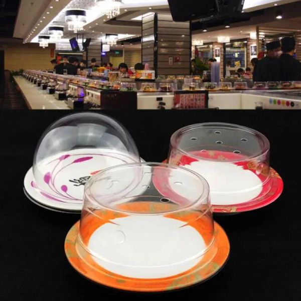 50pcs Plastic Lid For Sushi Dish Buffet Conveyor Belt Reusable Transparent Cake Plate Food Cover Restaurant Accessories LL