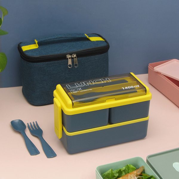 Bento Boxes 1400ML double layered healthy material lunch box with fork and spoon microwave lunch box cutlery set food storage container 2304
