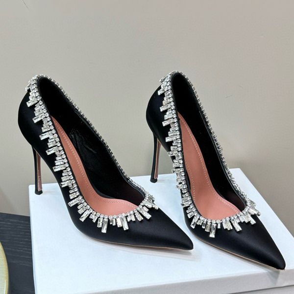 Famous Designers shoes for womens top quality Satin crystal Rhinestone Embellished Stiletto Heel Pumps 10cm high heeled Pointed Toes Party W