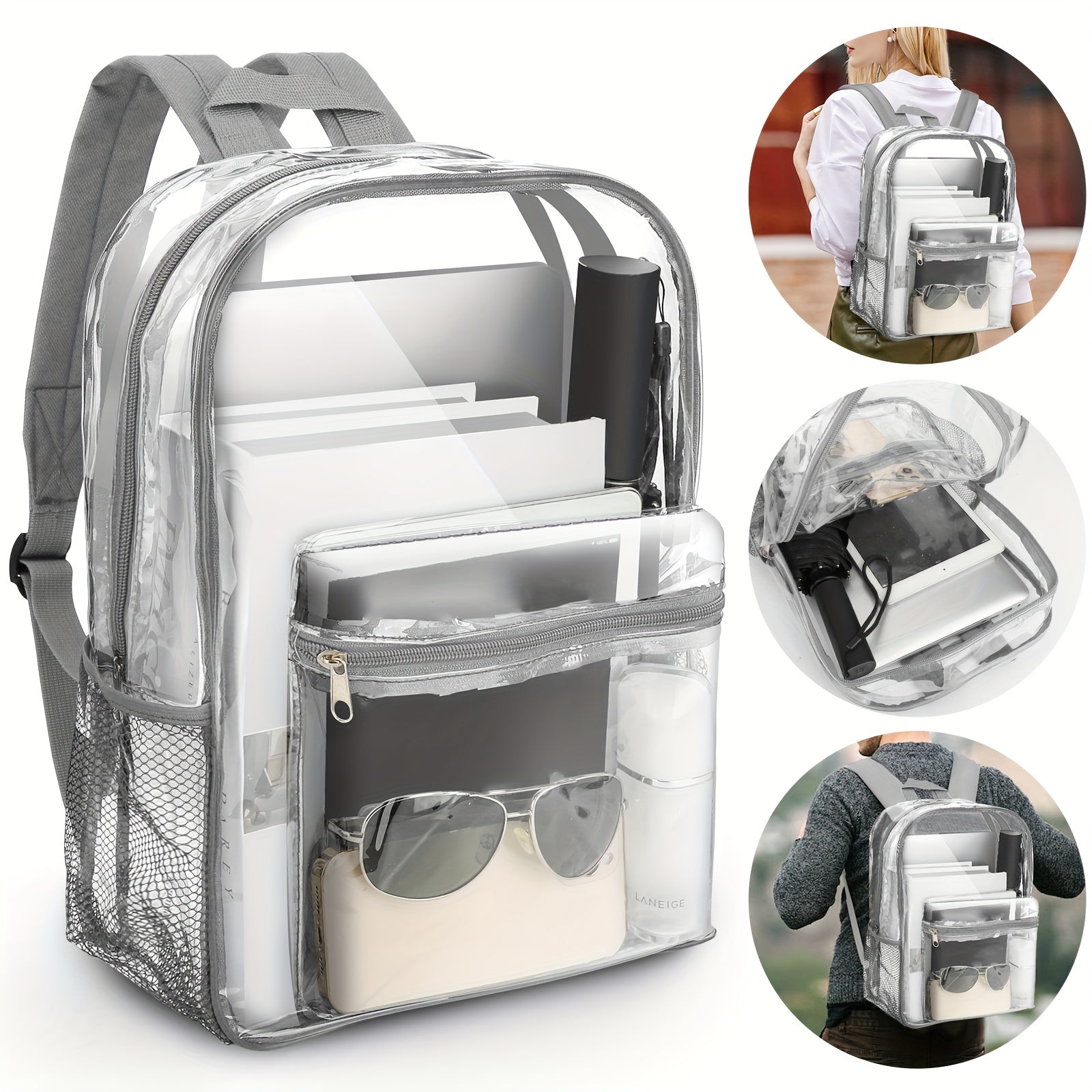 TEMU Heavy-duty Transparent Backpack - Large Capacity High Quality School Backpack With Laptop Compartment, Tablet Pocket & Mesh Side Pockets - Clear