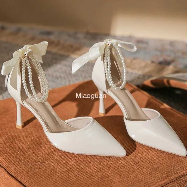 Bombas brancas de tornozelo de seda Pérola Design de 8 cm de altura Mulheres bombas estiletto Sexy Bow Strap Dress Wedding Bride Shoes Plus