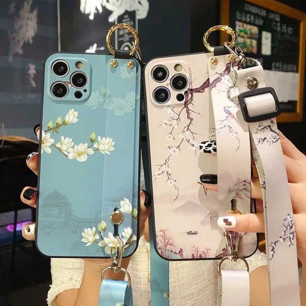 Suitable for iPhone 13 14 Pro 15 Pro Max 12 11 X XR XS 7 8 Plus case stylish cross body shoulder strap flower leaf phone holder cover M24090
