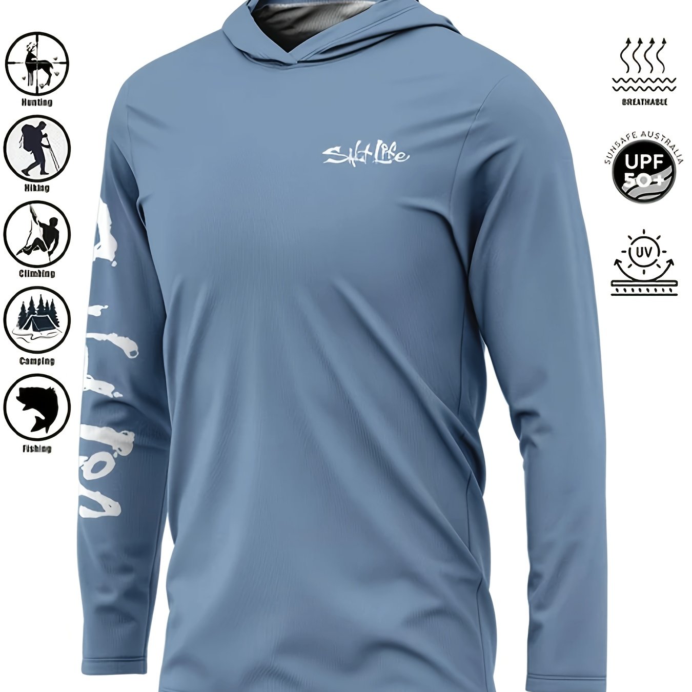 TEMU Men's Summer Breathable Full-zip Hooded Fishing Shirt - Upf, Camouflage Print Long Sleeve Jacket With Hood, Quick-dry Outdoor Activewear For