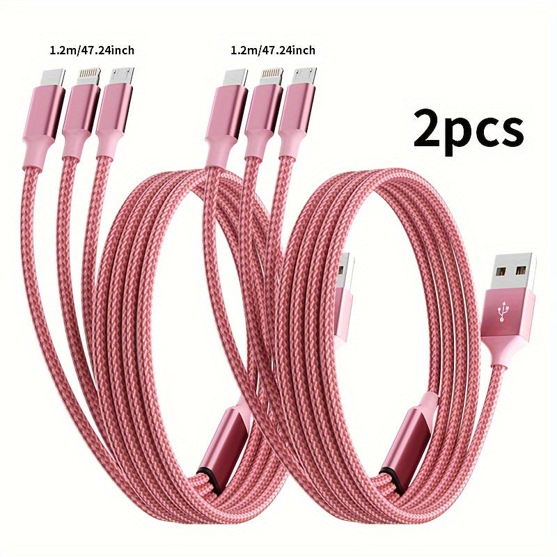 TEMU 2pcs 1.2m-4ft Nylon Braided Mfi Certified 3 In 1 Usb Charging Cable With Type-c, Micro Usb, Ip Port For Most Phones-iphones-tablets