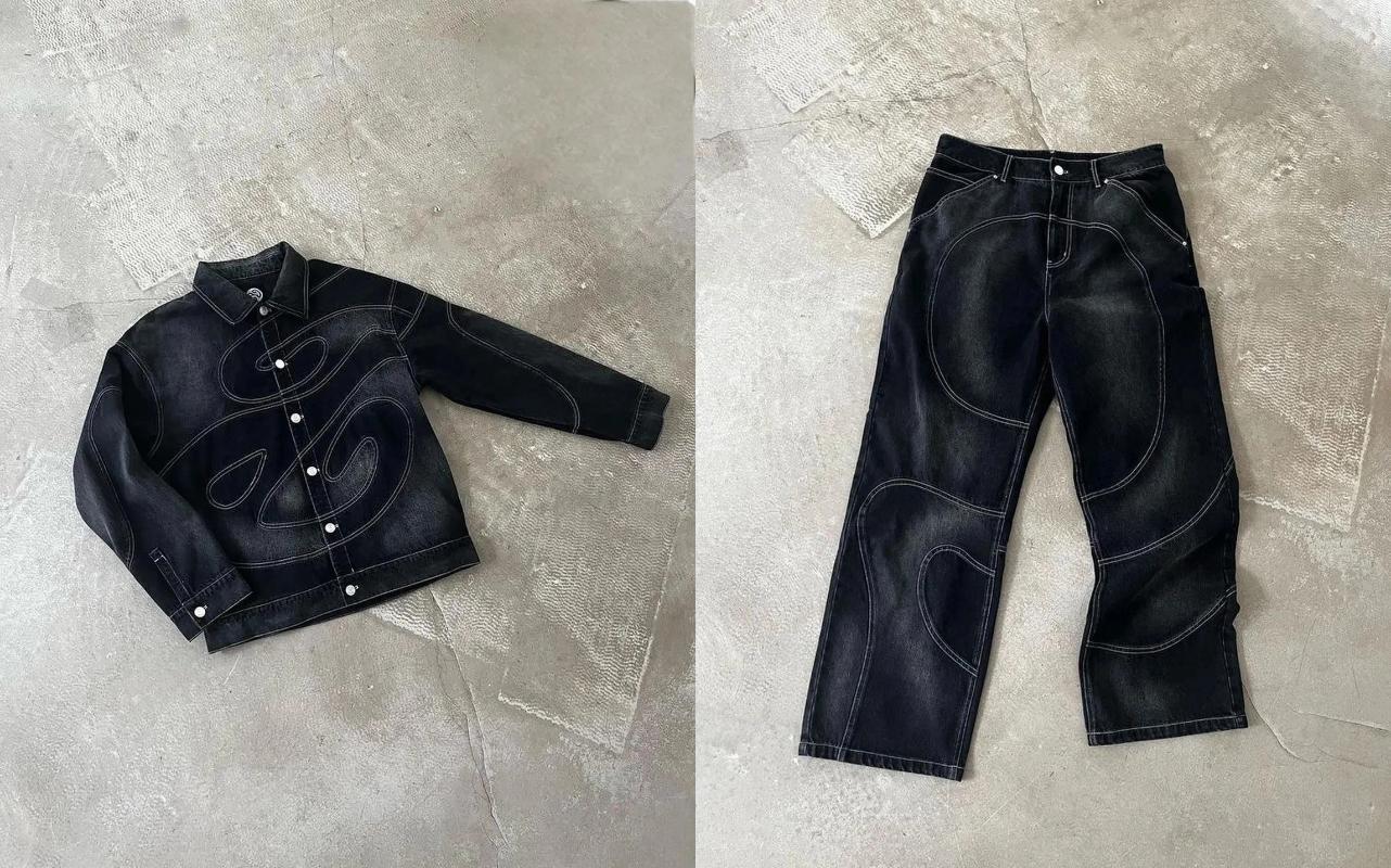 Men&#039;s Tracksuits Retro Washed Black Motorcycle Denim Jacket And Jeans 2-piece Set 3D Patch Straight Leg Pants