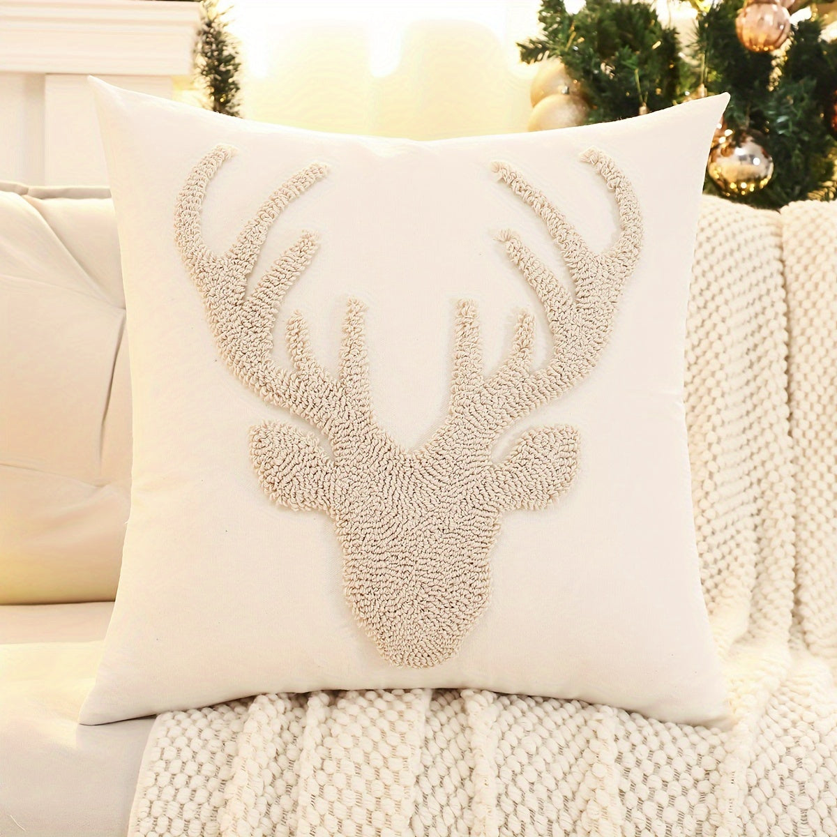 TEMU 1pc Christmas Decorative Pillowcase Canvas Velvet Embroidery Santa Moose Living Room Bedroom Decoration