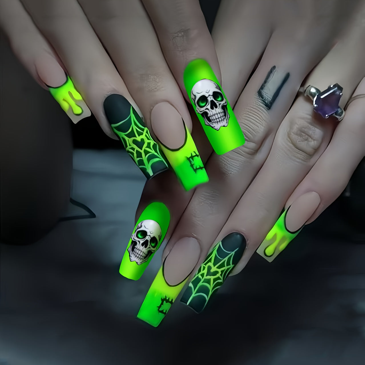 TEMU 24pcs Halloween Web Press-on Nails - Fluorescent Glossy Long Square Fake Nails With -the- For Halloween Parties, Carnivals, Costume Events -