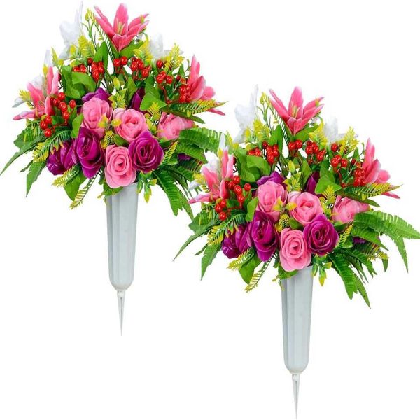 Elegant and Beautif Set of 2 Realistic Artificial Rose Lily Bouquet Cemetery Flowers with Gorgeous Vase Stunning Artificial GT250118