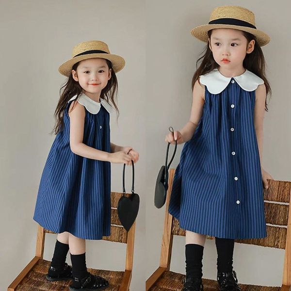 Girls&#039; Summer Korean Style Dress with Big Collar and Dark Stripes for Kids - 2024