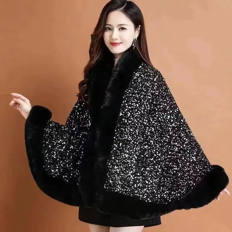 Womens Autumn Winter Fashion Sequined Cape Coat Women With Thicken Shawl Fur Collar Jacket Female Versatile Outerwear 2702 241204
