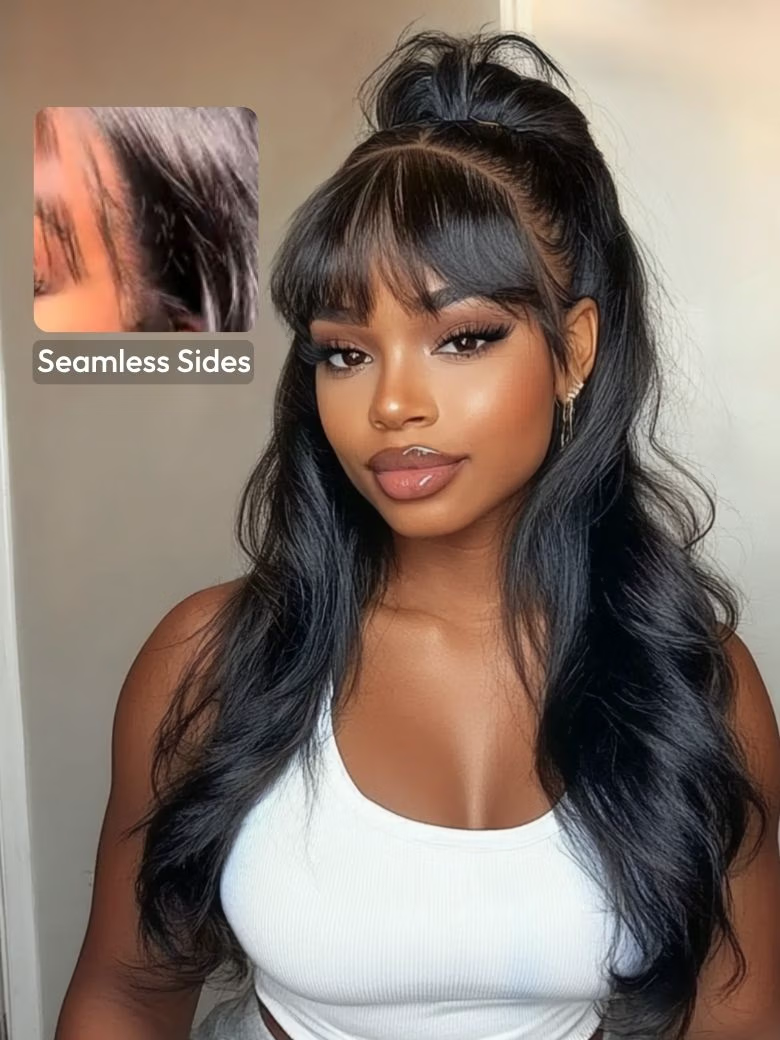 [Cute Curtain Bangs]UNice 13x4 Real Scalp Pre-Everything Black Fluffy Loose Wave Curtain Bangs Seamless Sides Wig with Invisi Drawstring