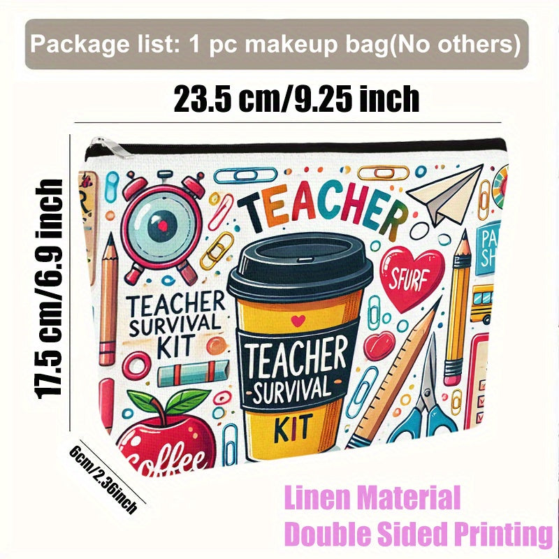 TEMU Teacher Survival Kit Linen Makeup Bag – Lightweight Zipper Pouch With Double-sided Print, Coffee Cup Design Featuring Pencils, Rulers & More,