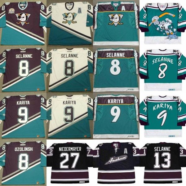 Anaheim Mighty Duc 8 Sandis Ozosh 13 Teemu Selanne 9 Paul Kapiya 27 Scott Niedermayer 31 Guy Hebert Custom Hockey Jerseys S-5XL