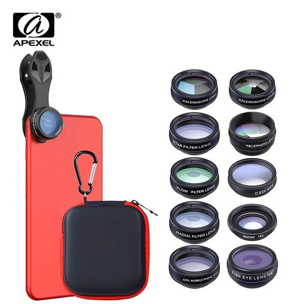 APEXEL 10 in 1 Phone camera Lens Kit Fisheye Wide Angle macro Lens CPL Filter Kaleidoscope and 2X telescope Lens for smartphones 250210