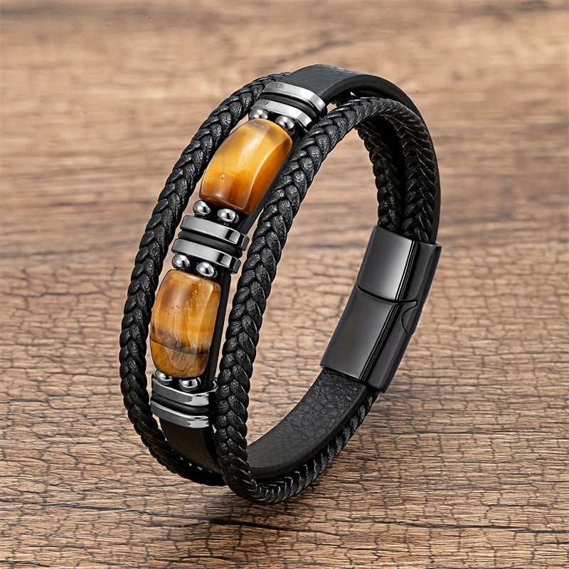 TEMU Men's Tiger Eye Stone & Leather Bracelet - Streetwear Jewelry With Textured Detailing, Durable Casual Accessory For Casual Attire